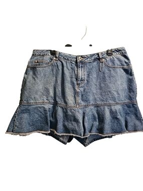 SLANE Blue Denim Ruffle-Hem Skort, Sz 18